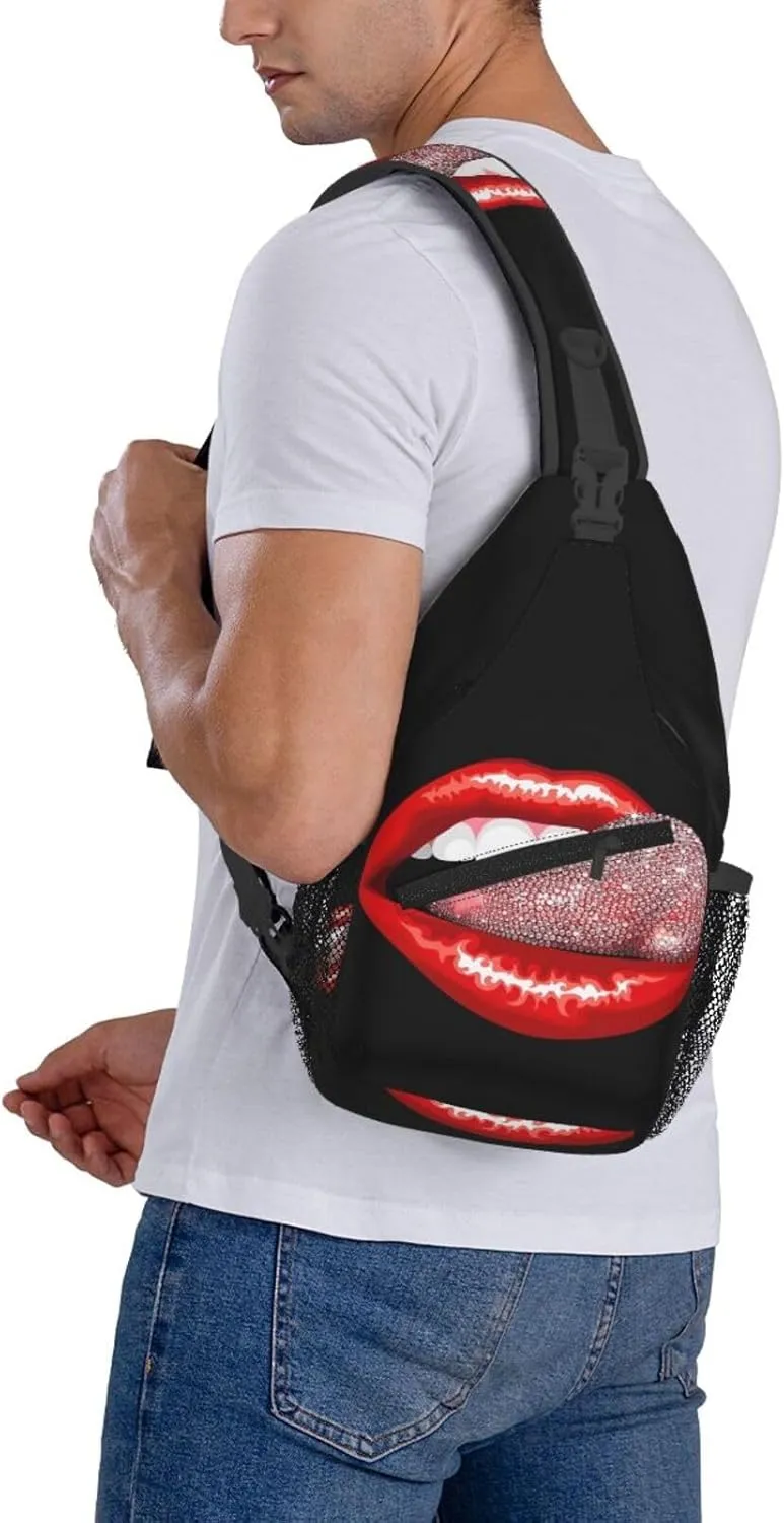 Hot Red Lips Stick Out Tongue Crossbody Bag Cross Chest Bag Adjustable Sling Backpack Sports Gym Shoulder Bags Travel Cycling Daypack Diagonally Casual Rucksack