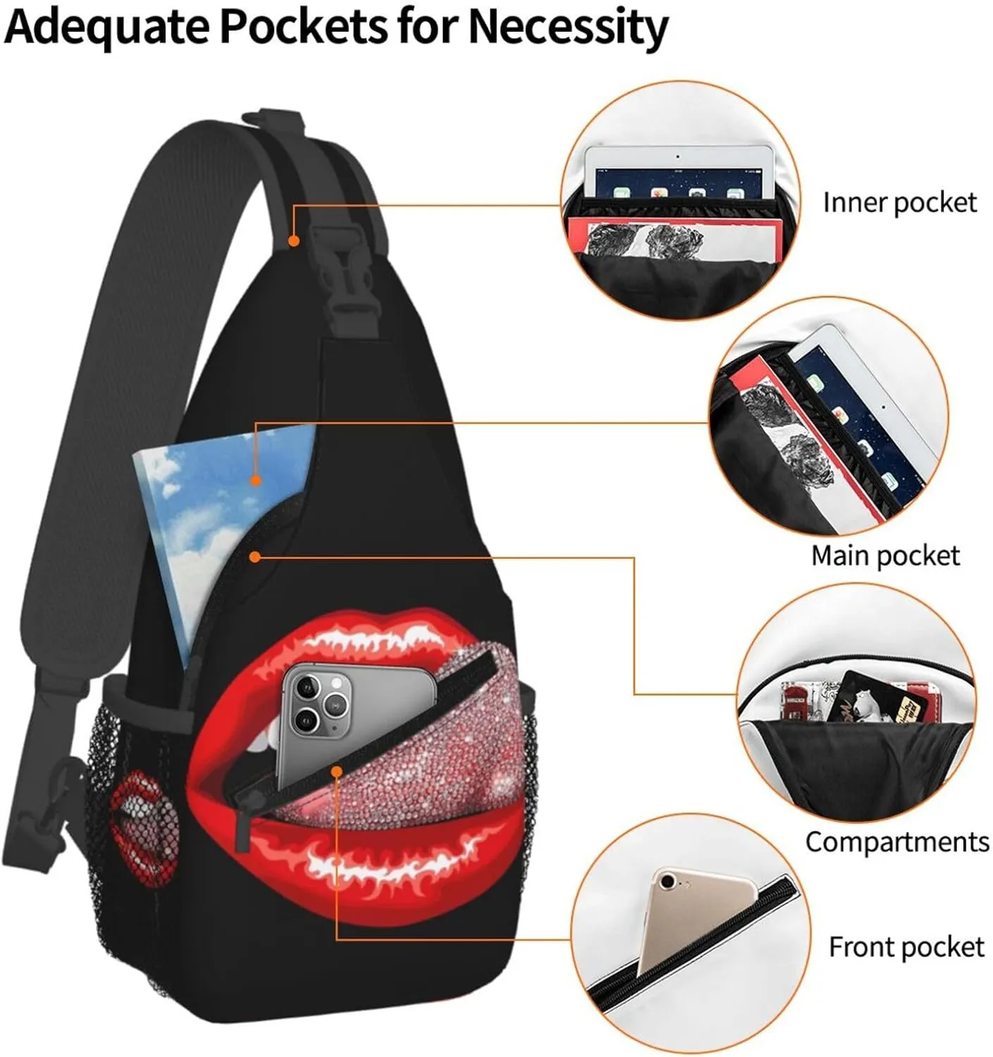 Hot Red Lips Stick Out Tongue Crossbody Bag Cross Chest Bag Adjustable Sling Backpack Sports Gym Shoulder Bags Travel Cycling Daypack Diagonally Casual Rucksack