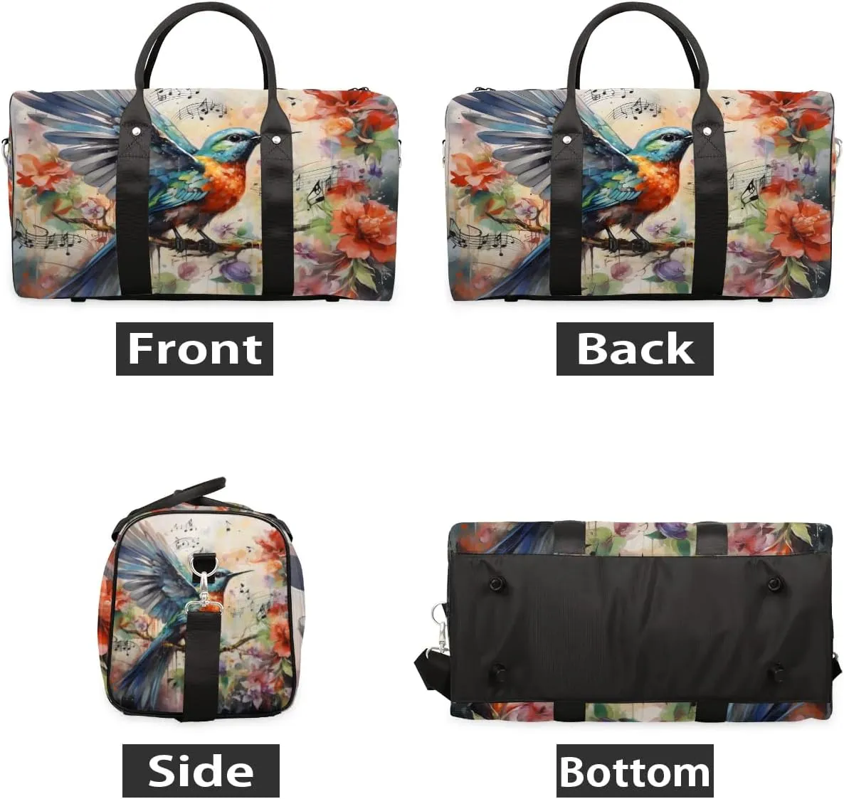 Hummingbird Colorful Flowers Travel Duffel Bag for Women Men Waterproof Foldable Overnight Weekender Bag Large Capacity Sports Gym Bag