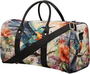 Hummingbird Colorful Flowers Travel Duffel Bag for Women Men Waterproof Foldable Overnight Weekender Bag Large Capacity Sports Gym Bag