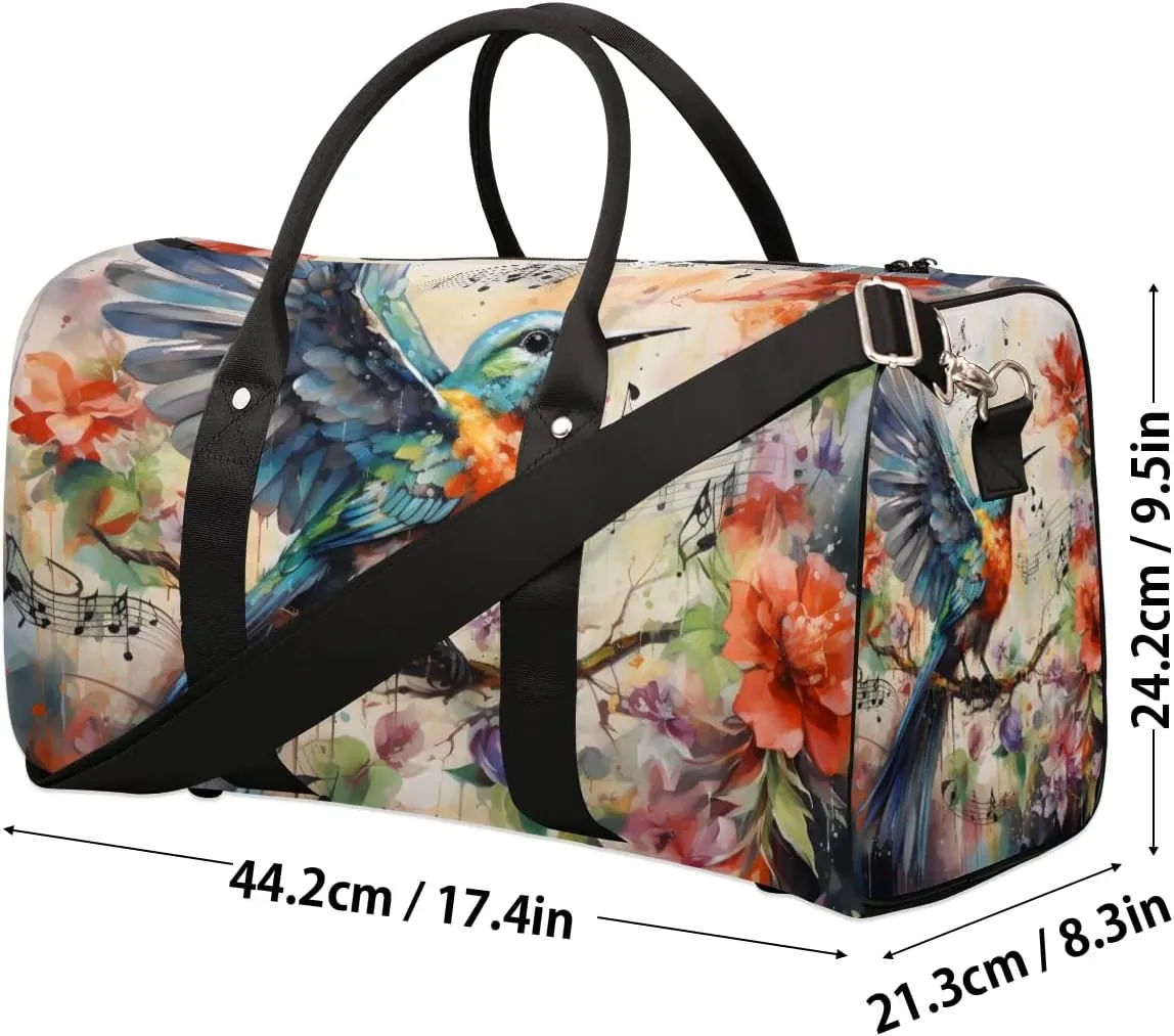 Hummingbird Colorful Flowers Travel Duffel Bag for Women Men Waterproof Foldable Overnight Weekender Bag Large Capacity Sports Gym Bag
