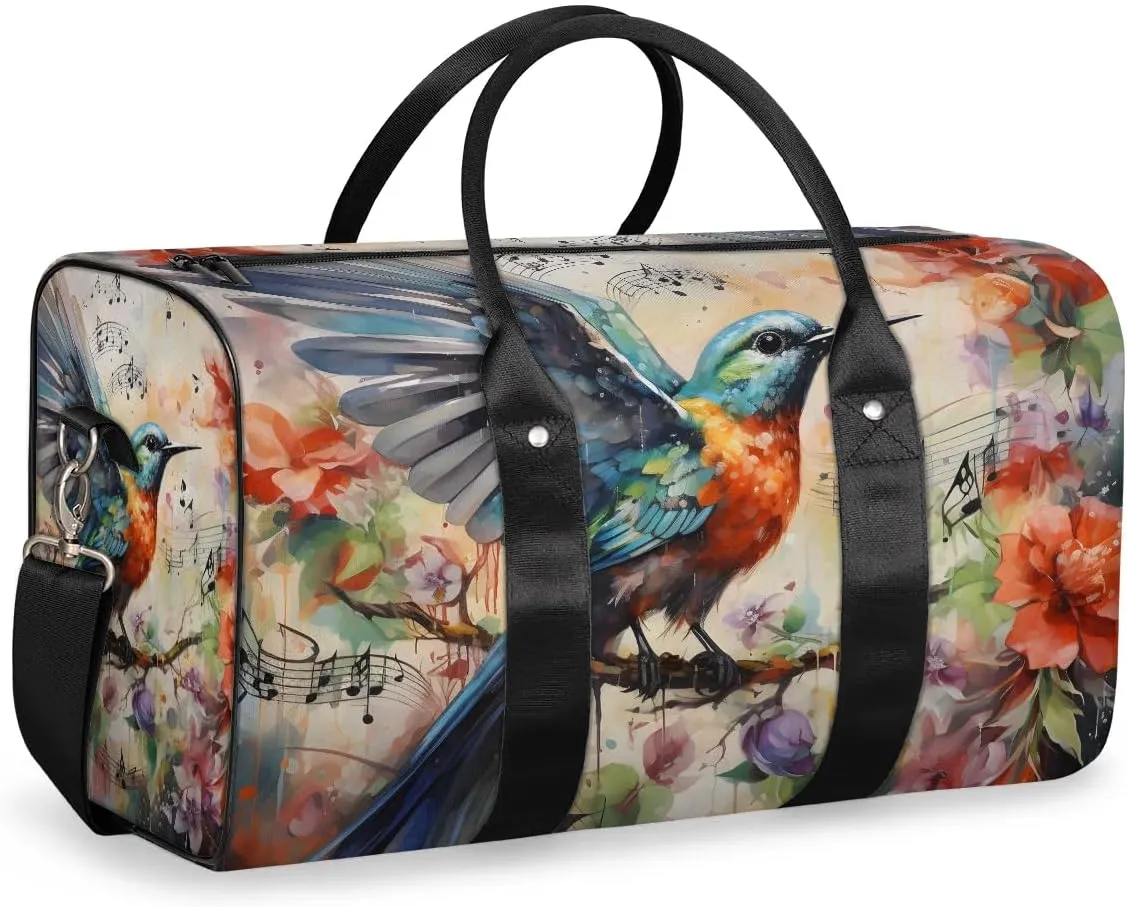 Hummingbird Colorful Flowers Travel Duffel Bag for Women Men Waterproof Foldable Overnight Weekender Bag Large Capacity Sports Gym Bag