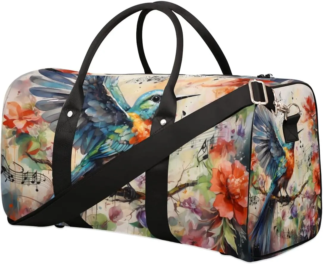 Hummingbird Colorful Flowers Travel Duffel Bag for Women Men Waterproof Foldable Overnight Weekender Bag Large Capacity Sports Gym Bag