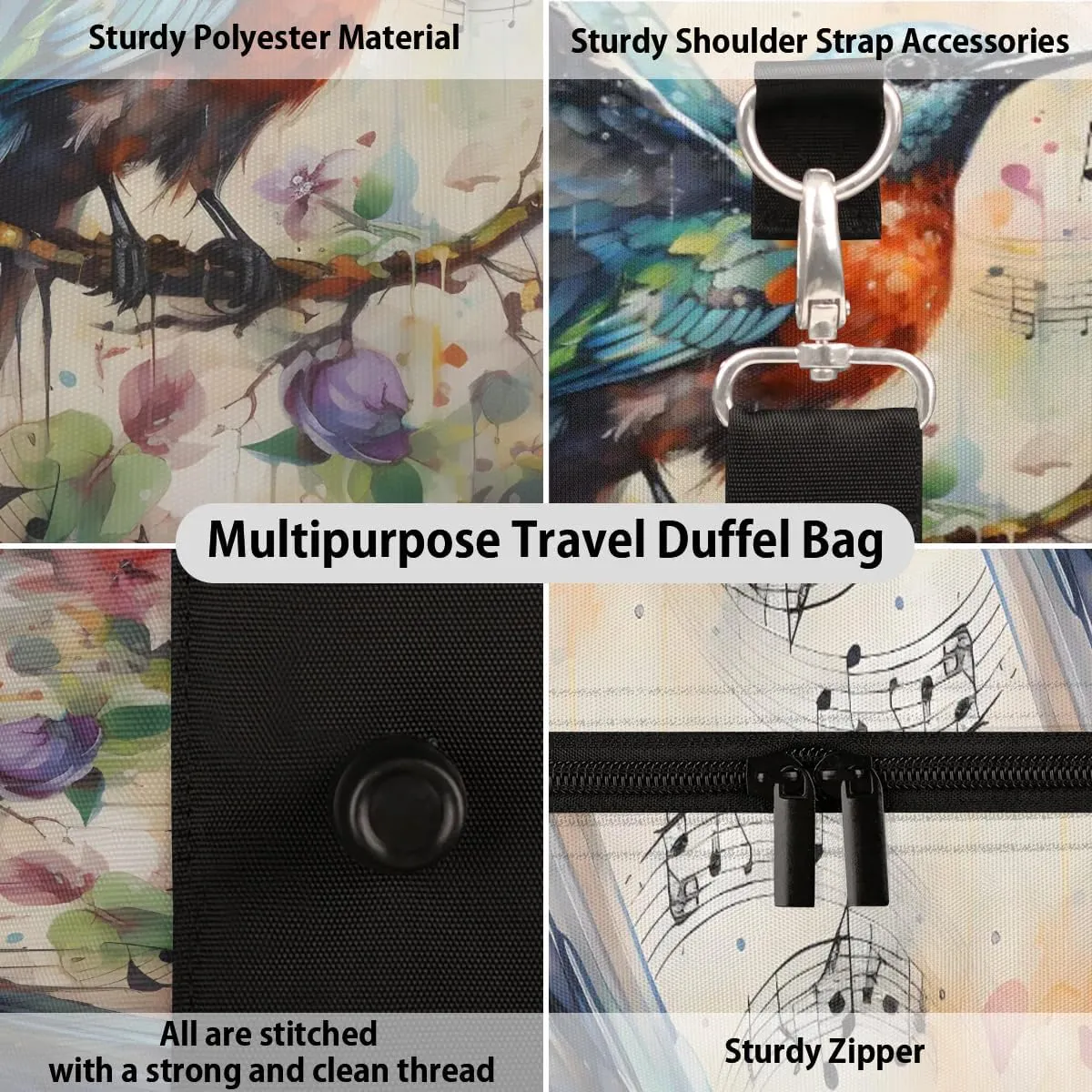 Hummingbird Colorful Flowers Travel Duffel Bag for Women Men Waterproof Foldable Overnight Weekender Bag Large Capacity Sports Gym Bag