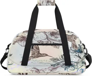 Hummingbird Gym Duffel Bag for Men Women Ink Flowers Sports Tote Bag with Adjustable Shoulder Strap for Dance Gymnastics Traveling Outdoor Camping Overnight Stay