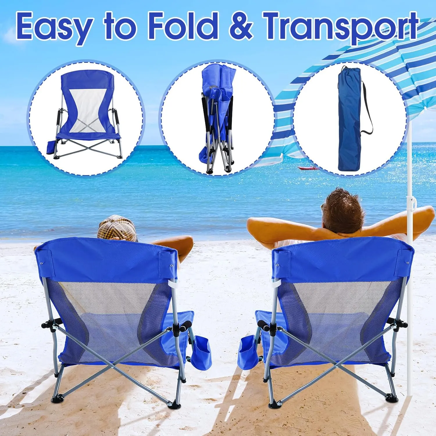 Huwena 2 Pack Beach Chair for Adult with 2 Umbrella Low Folding Chair Detachable Adjustable Lightweight with Armrests Cup Holder Carry Bag Portable for Sand Camping Travel Outdoor Pool (Dark Blue)
