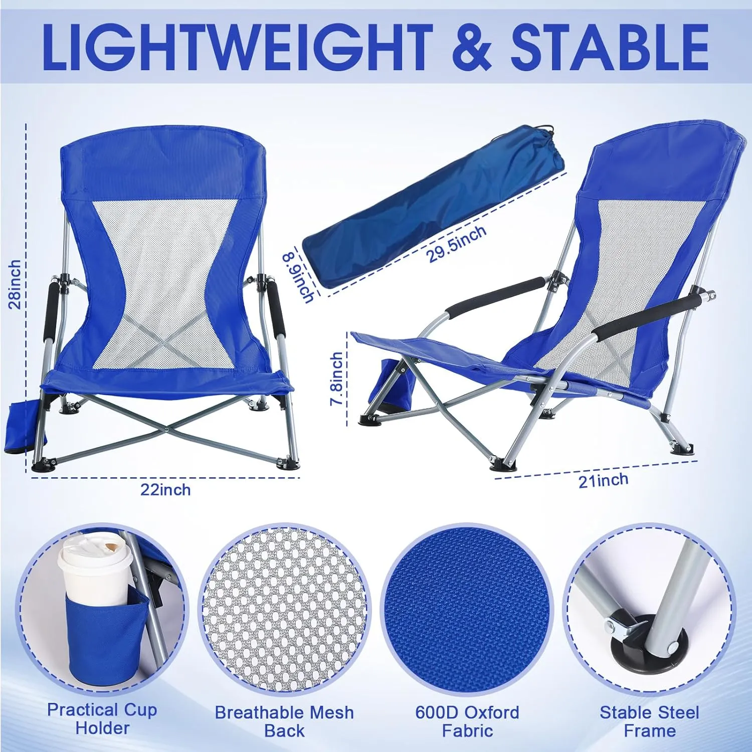 Huwena 2 Pack Beach Chair for Adult with 2 Umbrella Low Folding Chair Detachable Adjustable Lightweight with Armrests Cup Holder Carry Bag Portable for Sand Camping Travel Outdoor Pool (Dark Blue)