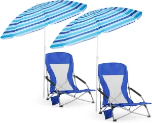 Huwena 2 Pack Beach Chair for Adult with 2 Umbrella Low Folding Chair Detachable Adjustable Lightweight with Armrests Cup Holder Carry Bag Portable for Sand Camping Travel Outdoor Pool (Dark Blue)