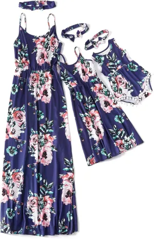 IFFEI Mommy and Me Matching Dress Spaghetti Strap Summer Casual Sundress Beach Sleeveless Dress with Headband