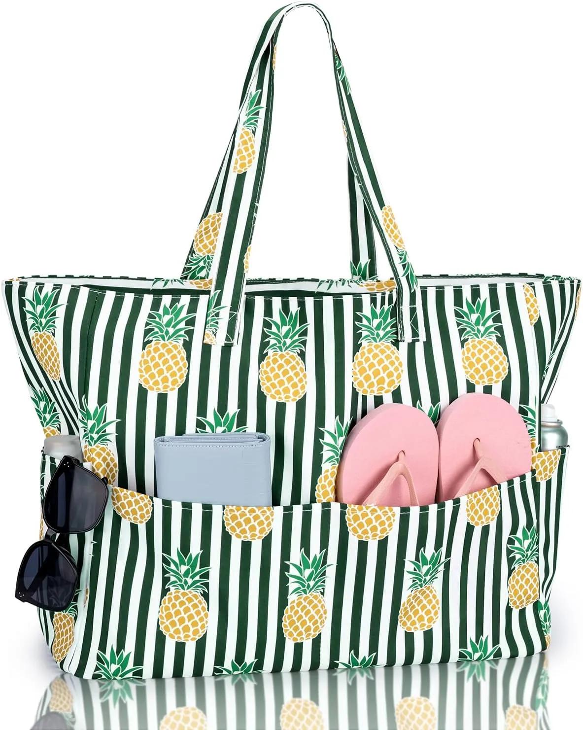Iioscre Beach Bag for Women, Large Beach Tote Bag with Zipper Pockets, Waterproof Sandproof Swim Bag Pool Vacation Travel