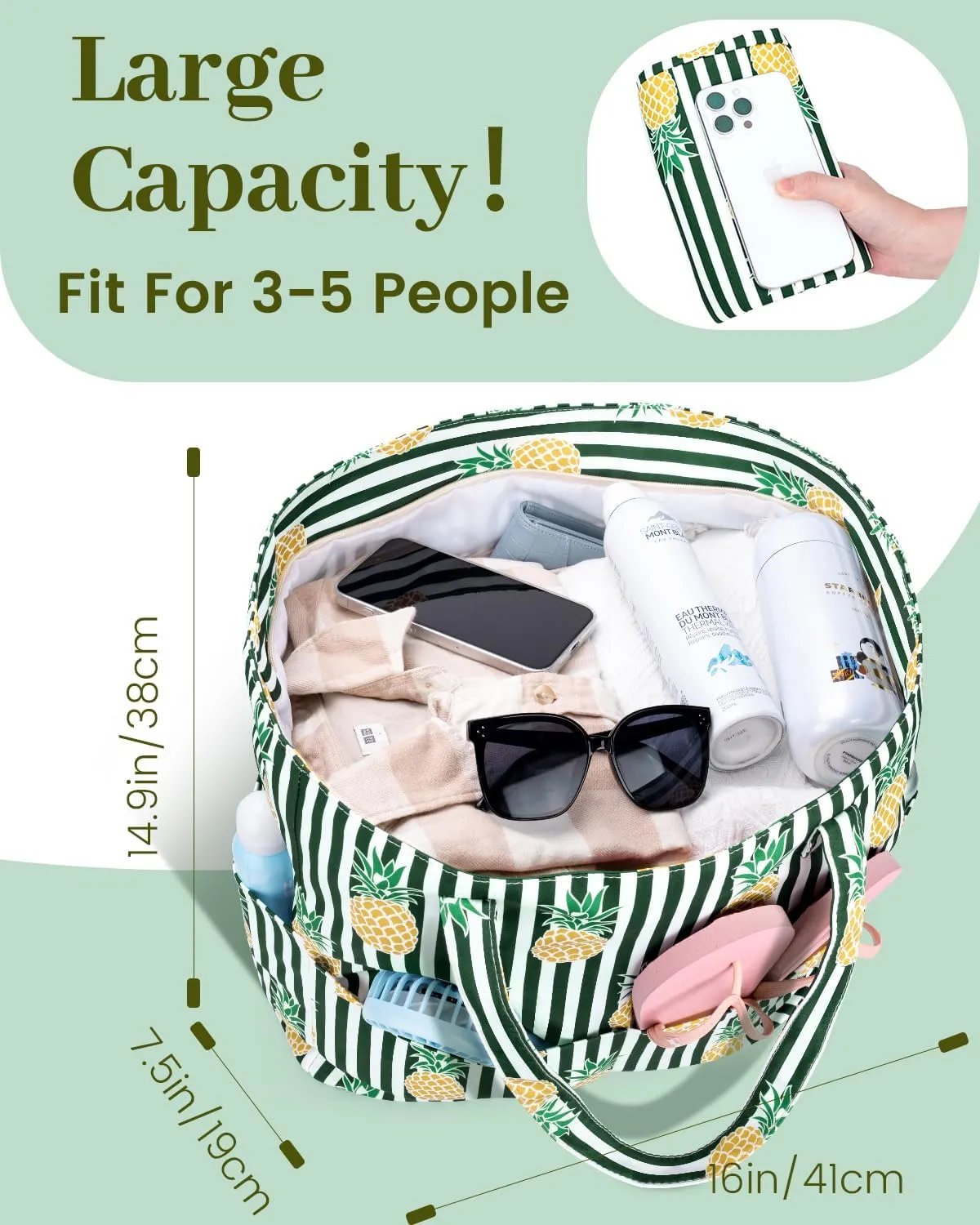 Iioscre Beach Bag for Women, Large Beach Tote Bag with Zipper Pockets, Waterproof Sandproof Swim Bag Pool Vacation Travel