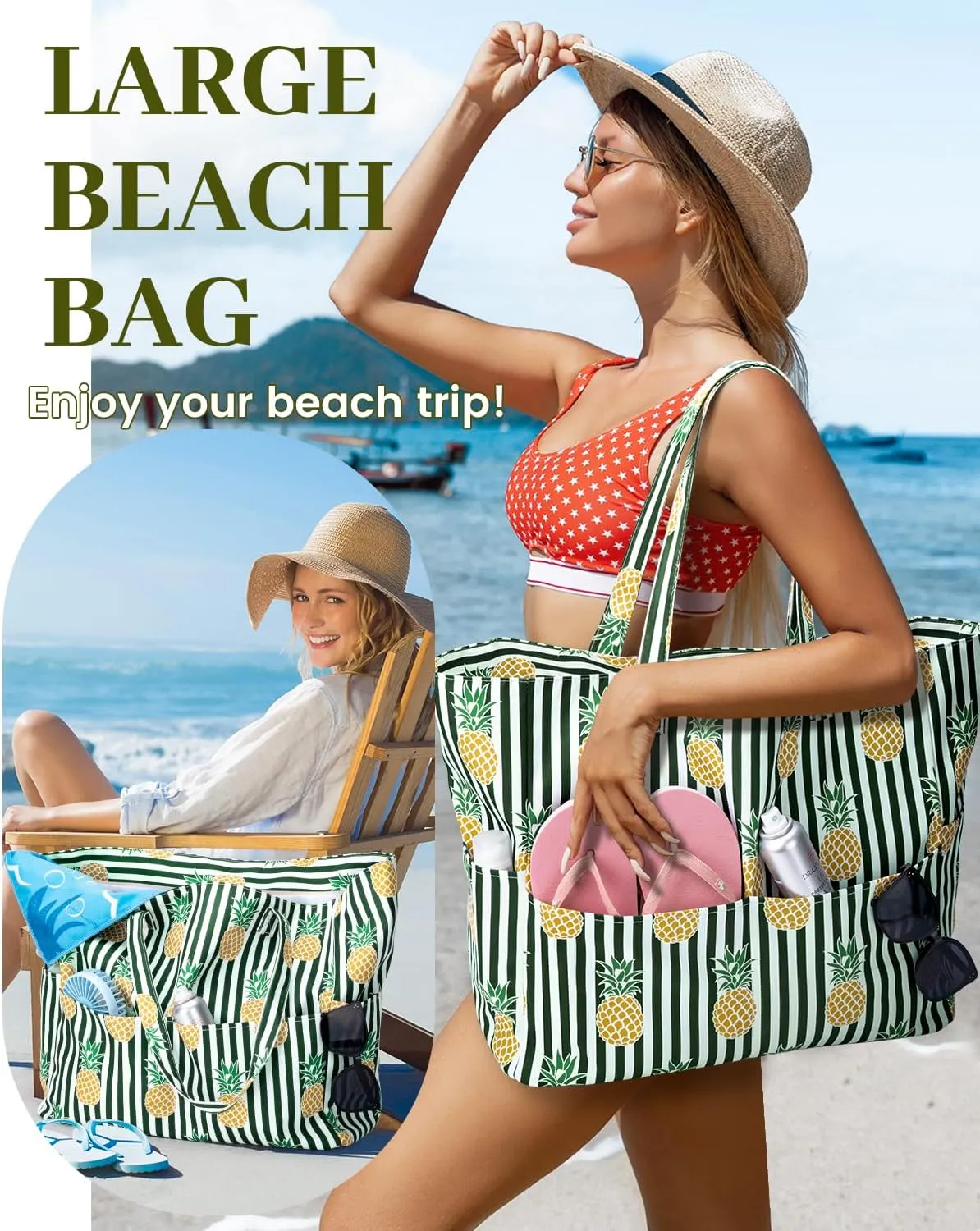 Iioscre Beach Bag for Women, Large Beach Tote Bag with Zipper Pockets, Waterproof Sandproof Swim Bag Pool Vacation Travel