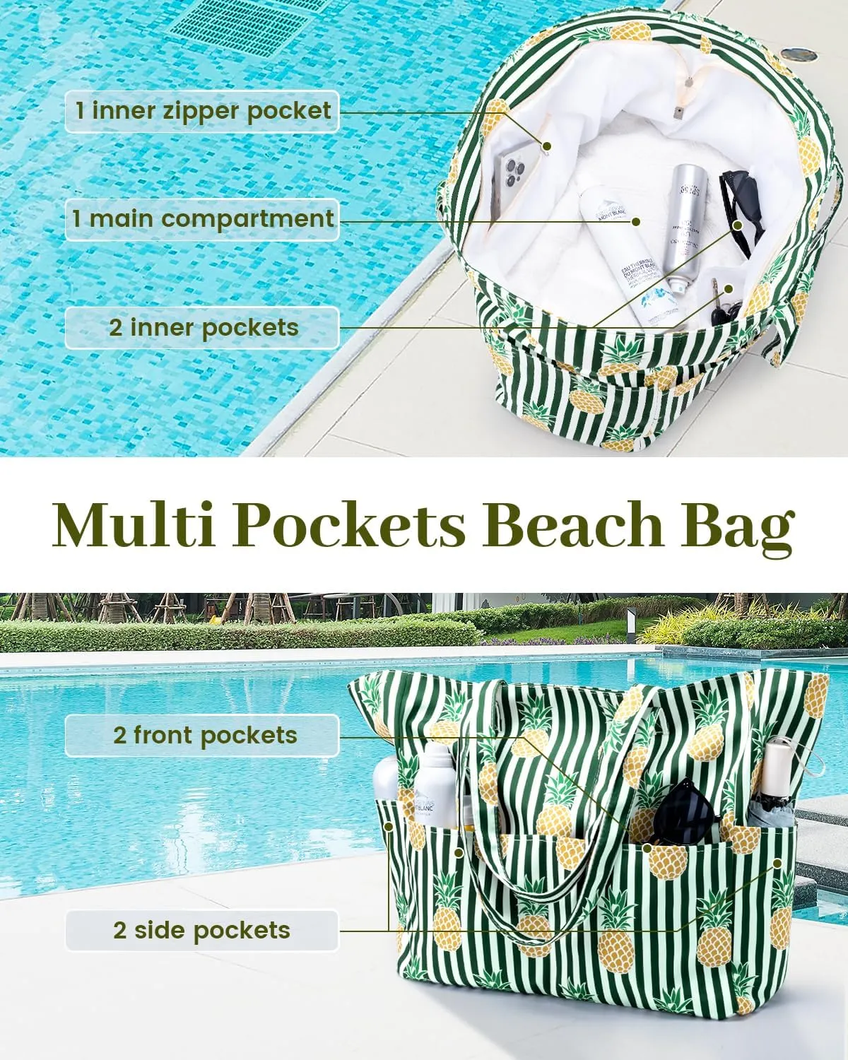 Iioscre Beach Bag for Women, Large Beach Tote Bag with Zipper Pockets, Waterproof Sandproof Swim Bag Pool Vacation Travel