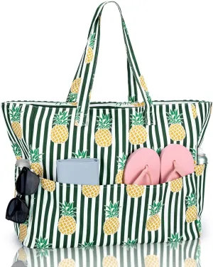 Iioscre Beach Bag for Women, Large Beach Tote Bag with Zipper Pockets, Waterproof Sandproof Swim Bag Pool Vacation Travel