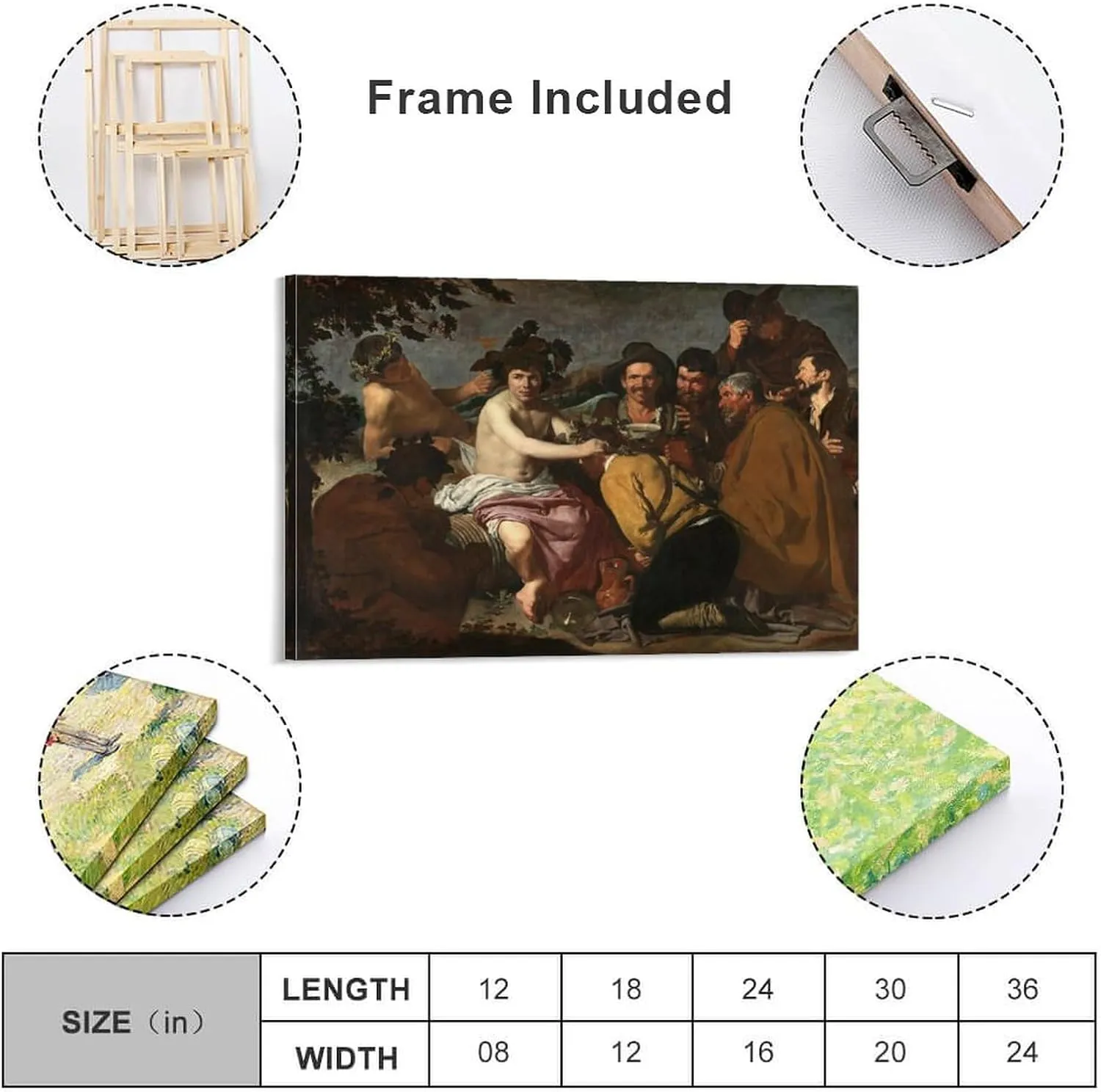 Iisrar Triumph of Bacchus by Diego, Velazquez Canvas Wall Art Print Poster For Home School Office Decor Frame 12x18inch(30x45cm)
