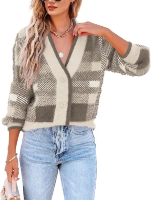 Imily Bela Womens Cardigan Sweaters Plaid Fuzzy Knit V Neck Button Down Long Sleeve Cozy Cardigans Pullover Tops