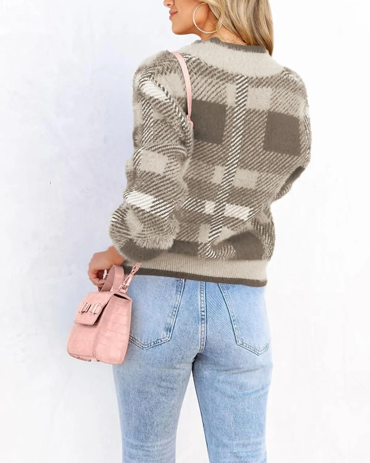 Imily Bela Womens Cardigan Sweaters Plaid Fuzzy Knit V Neck Button Down Long Sleeve Cozy Cardigans Pullover Tops
