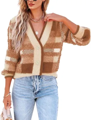 Imily Bela Womens Cardigan Sweaters Plaid Fuzzy Knit V Neck Button Down Long Sleeve Cozy Cardigans Pullover Tops