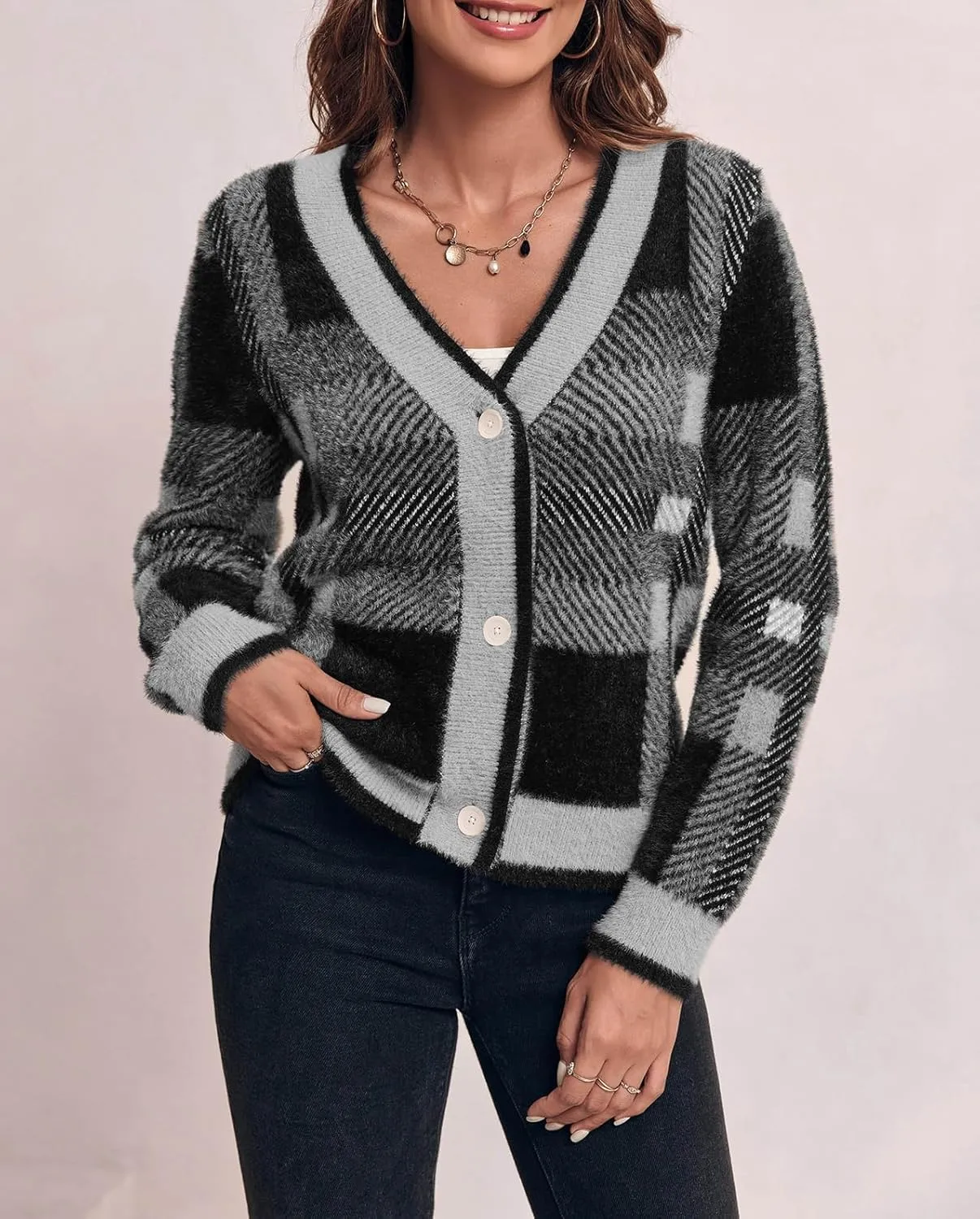 Imily Bela Womens Cardigan Sweaters Plaid Fuzzy Knit V Neck Button Down Long Sleeve Cozy Cardigans Pullover Tops