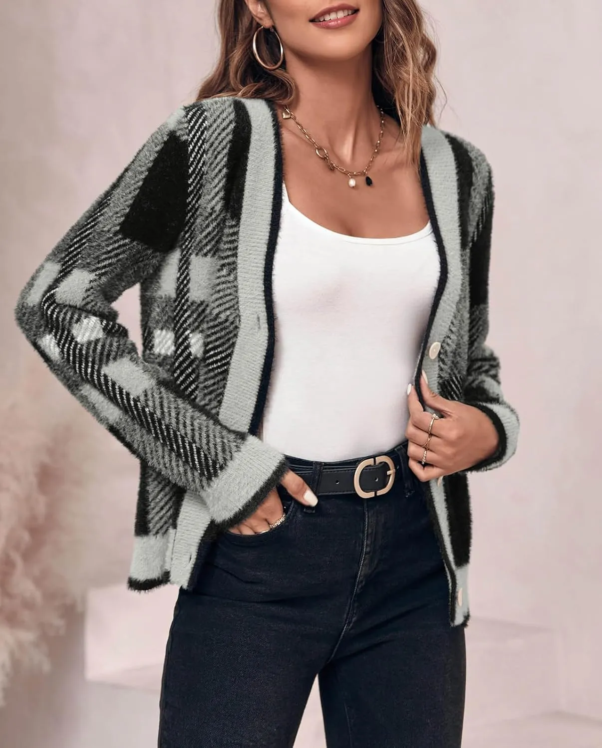 Imily Bela Womens Cardigan Sweaters Plaid Fuzzy Knit V Neck Button Down Long Sleeve Cozy Cardigans Pullover Tops