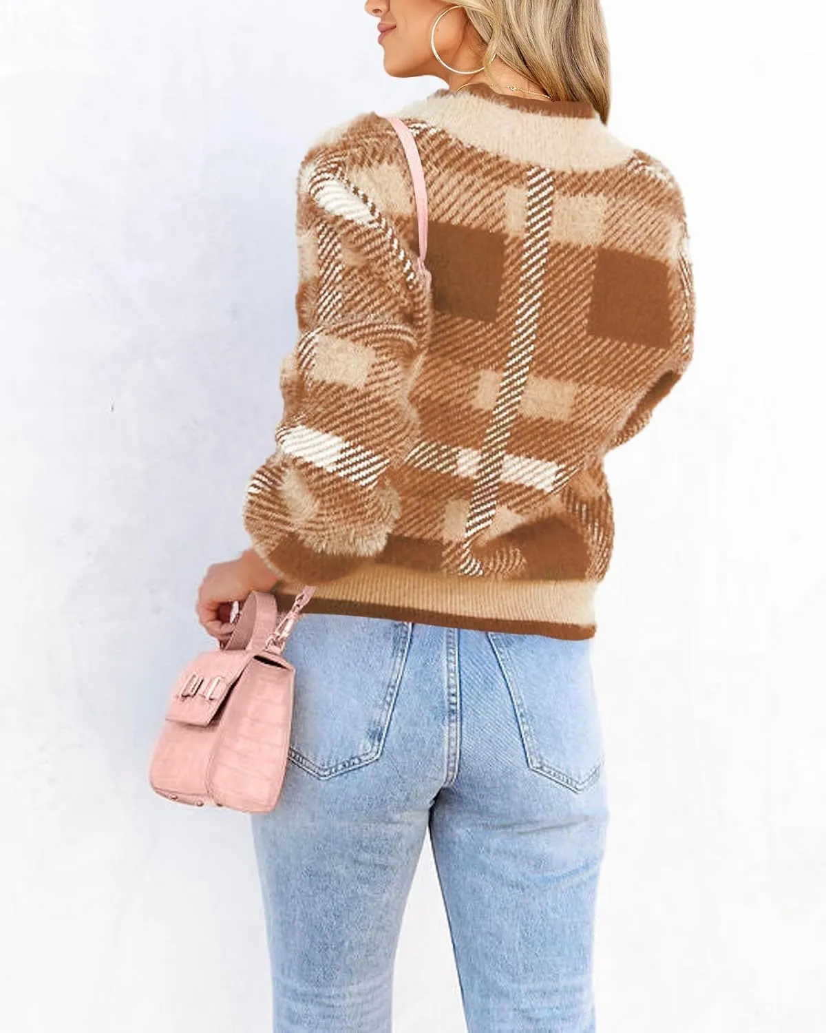 Imily Bela Womens Cardigan Sweaters Plaid Fuzzy Knit V Neck Button Down Long Sleeve Cozy Cardigans Pullover Tops