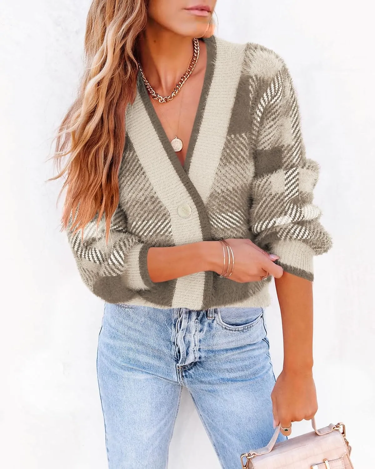 Imily Bela Womens Cardigan Sweaters Plaid Fuzzy Knit V Neck Button Down Long Sleeve Cozy Cardigans Pullover Tops