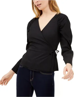 INC International Concepts Women's V Neck Puff Sleeves Wrap Top Black Size Medium
