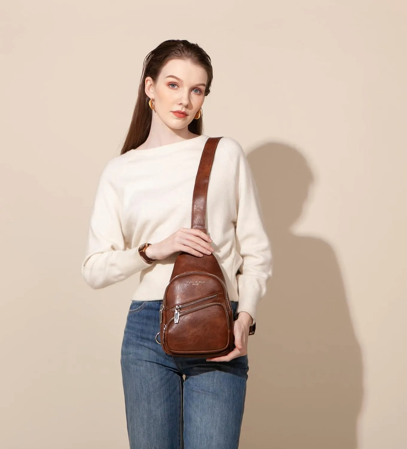 INICAT Sling Bag for Women Small Crossbody Bags Leather Fanny Pack for Travel Essentials(Style5-Brown)