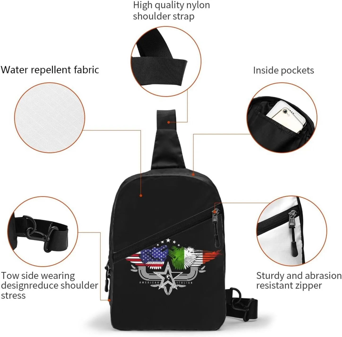 Italian Italy American Flag Crossbody Bag Portable Sling Bags Foldable Chest Daypack Reusable Sports Shoulder Backpack Diagonally Casual Rucksack Travel Bag