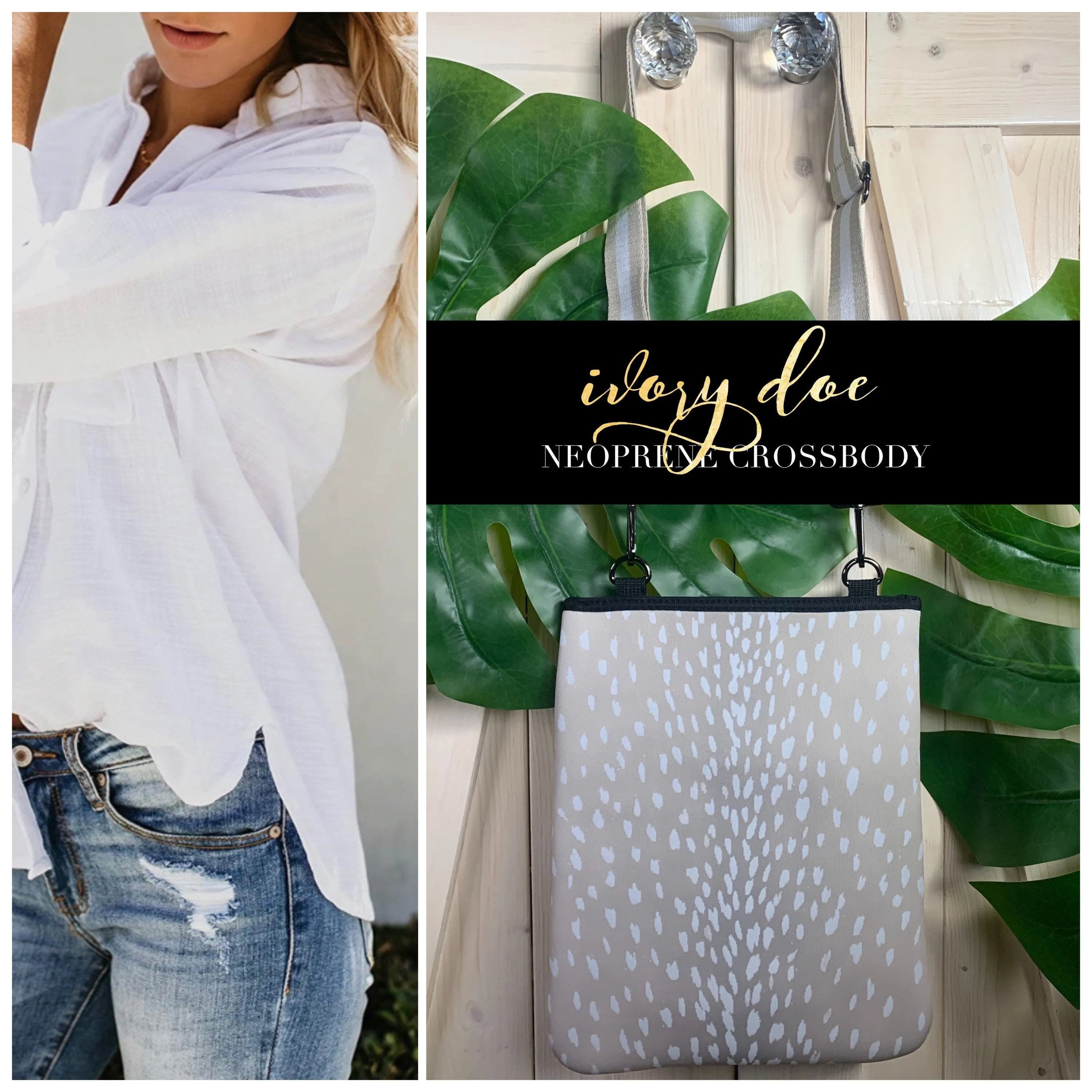 Ivory Doe light beige NEOPRENE bag   white deer speckled print in Crossbody or Tote size or Duo 2-in-1 combo purse   tote antelope khaki