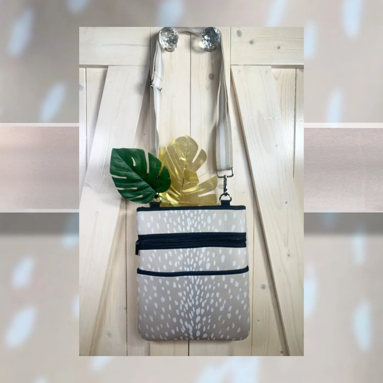 Ivory Doe light beige NEOPRENE bag   white deer speckled print in Crossbody or Tote size or Duo 2-in-1 combo purse   tote antelope khaki
