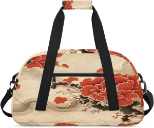 Japan Flower Gym Duffel Bag for Men Women Traditional Pattern Sports Tote Bag with Adjustable Shoulder Strap for Dance Gymnastics Traveling Outdoor Camping Overnight Stay