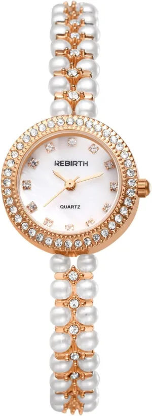 JewelryWe Womens Iced-Out Pearl Watch: Round Analog Quartz Wrist Watch Stylish Rhinestone Casual Business Dress Watch