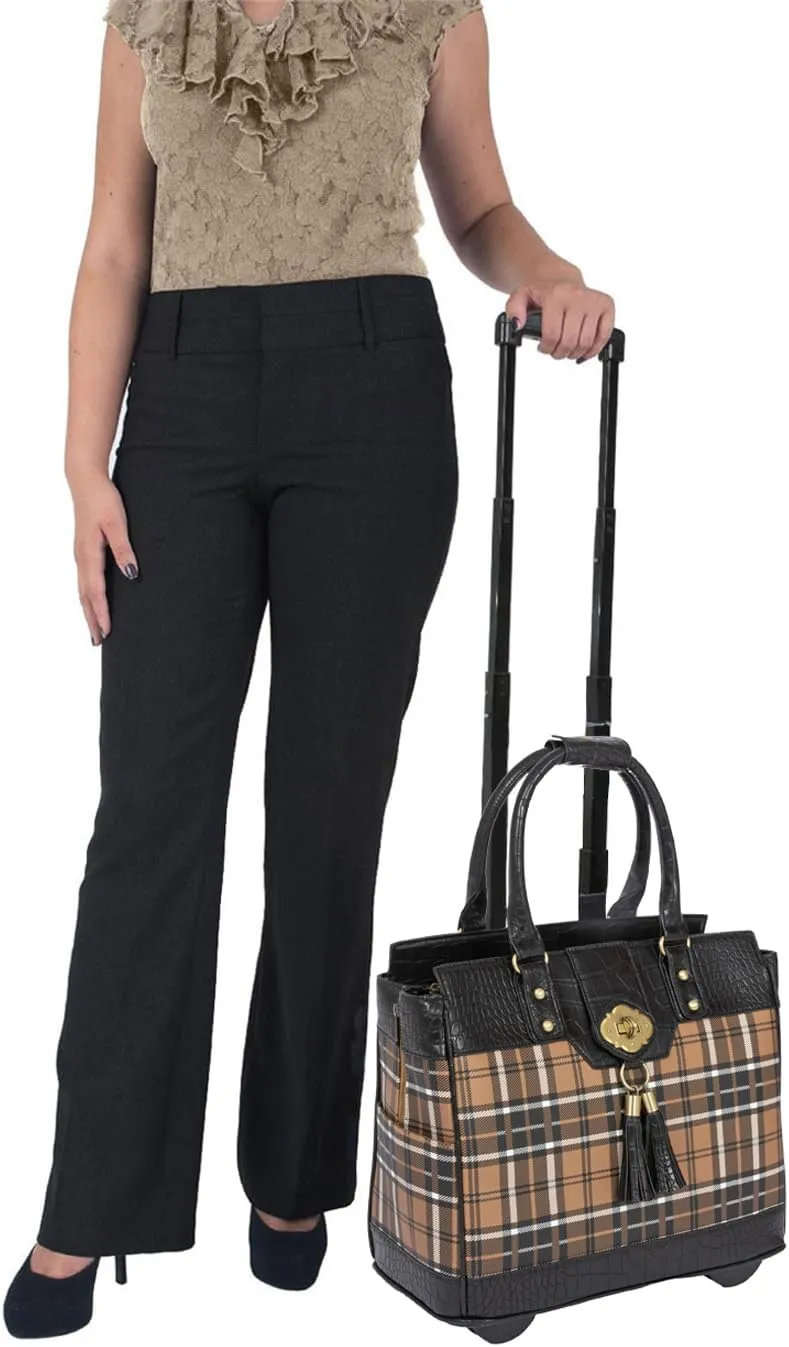 JKM & Company Rolling Laptop Bag for Women | Designer Wheeled Briefcase | Fits 13-17" Laptops | Office Travel Computer Case (Plaid)