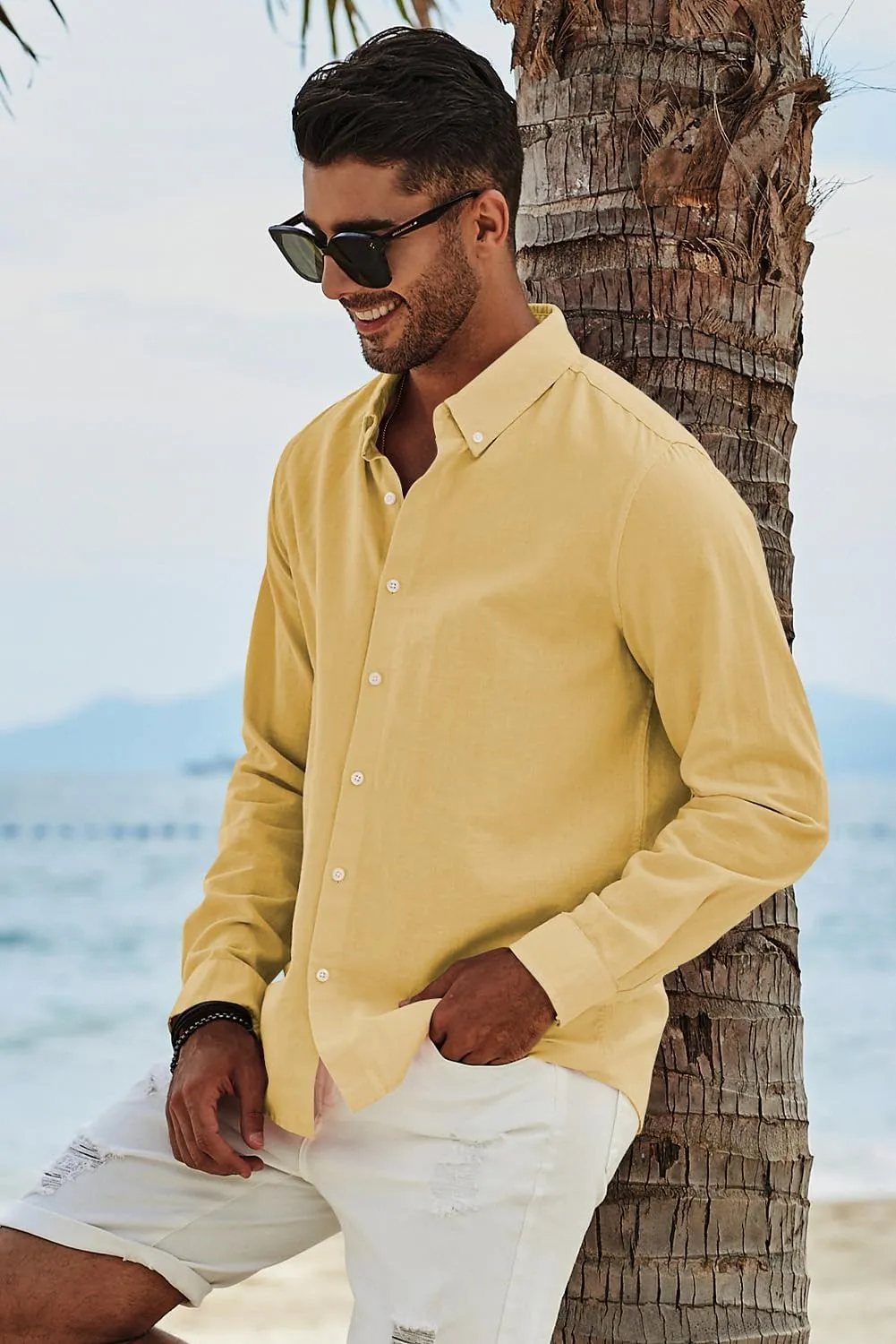 JMIERR Men's Cotton Linen Button Down Shirt Casual Stylish Long Sleeve Business Dress Shirts