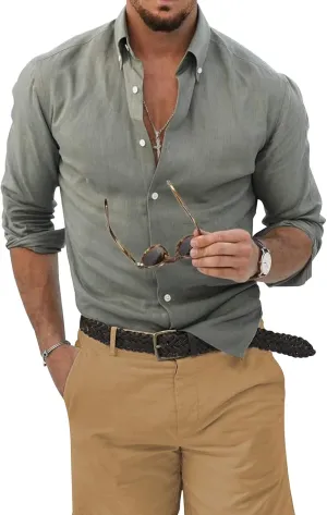 JMIERR Men's Cotton Linen Button Down Shirt Casual Stylish Long Sleeve Business Dress Shirts
