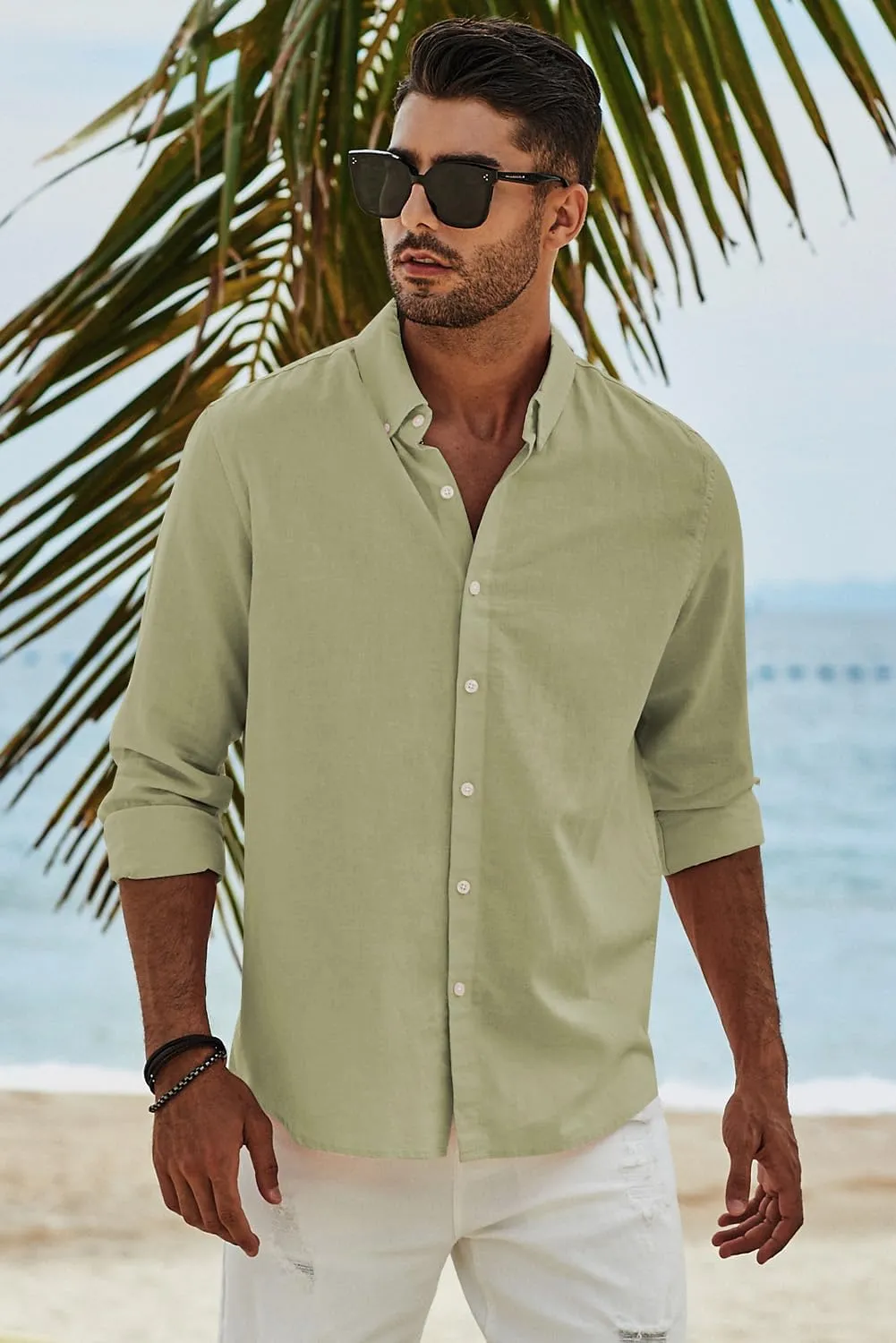 JMIERR Men's Cotton Linen Button Down Shirt Casual Stylish Long Sleeve Business Dress Shirts
