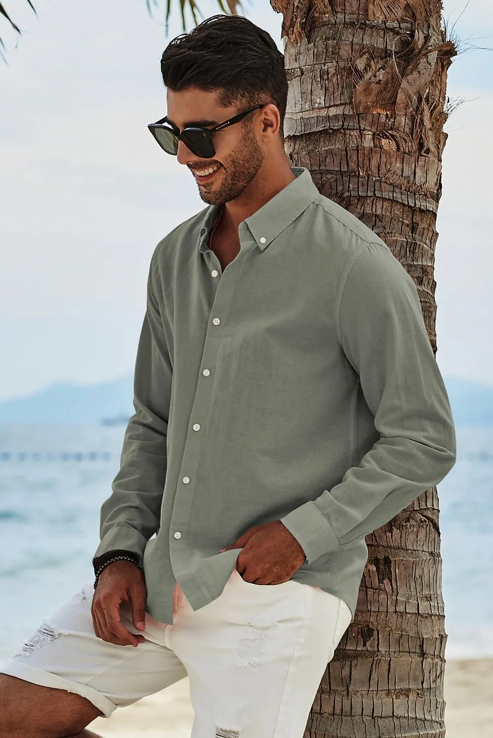 JMIERR Men's Cotton Linen Button Down Shirt Casual Stylish Long Sleeve Business Dress Shirts