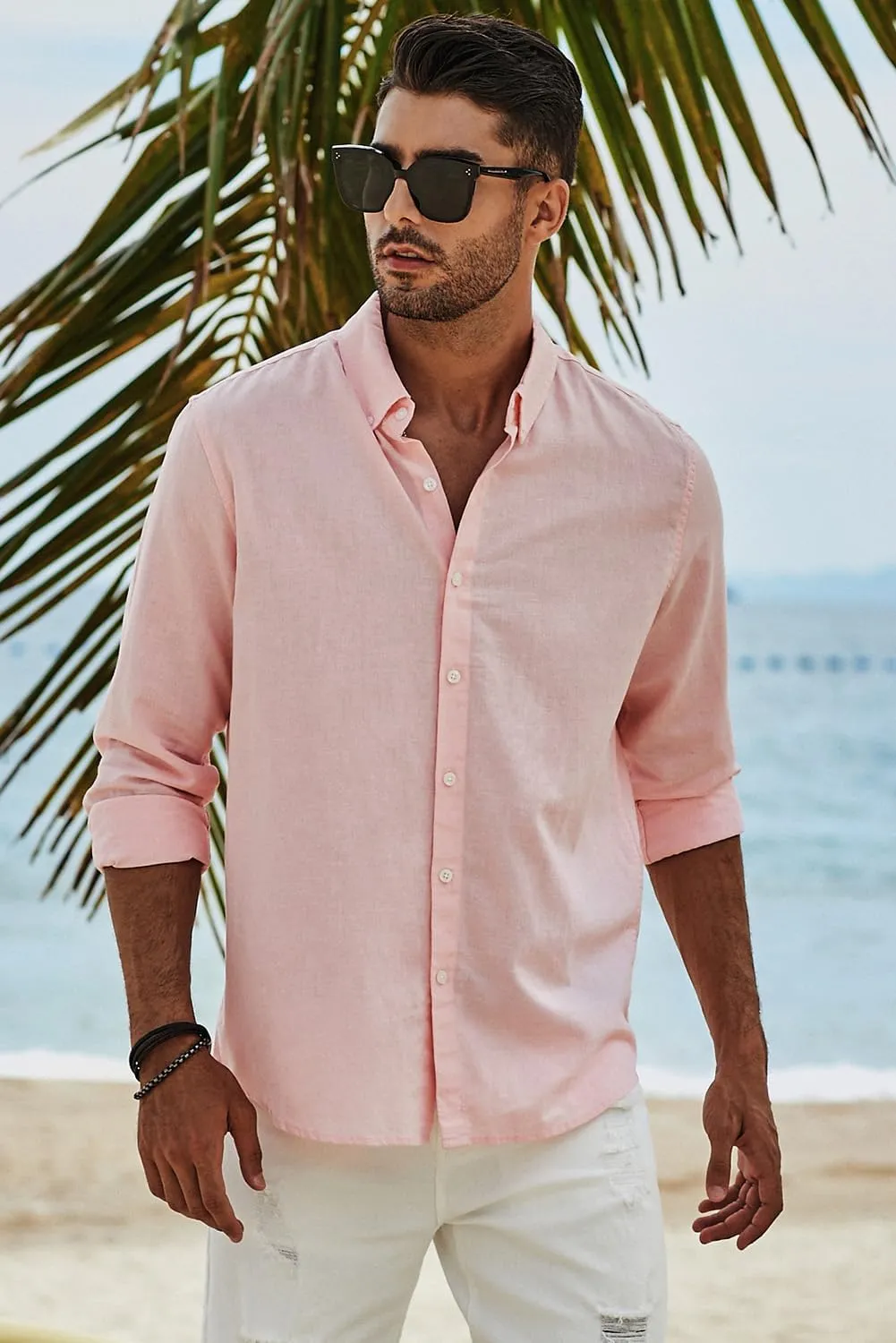 JMIERR Men's Cotton Linen Button Down Shirt Casual Stylish Long Sleeve Business Dress Shirts