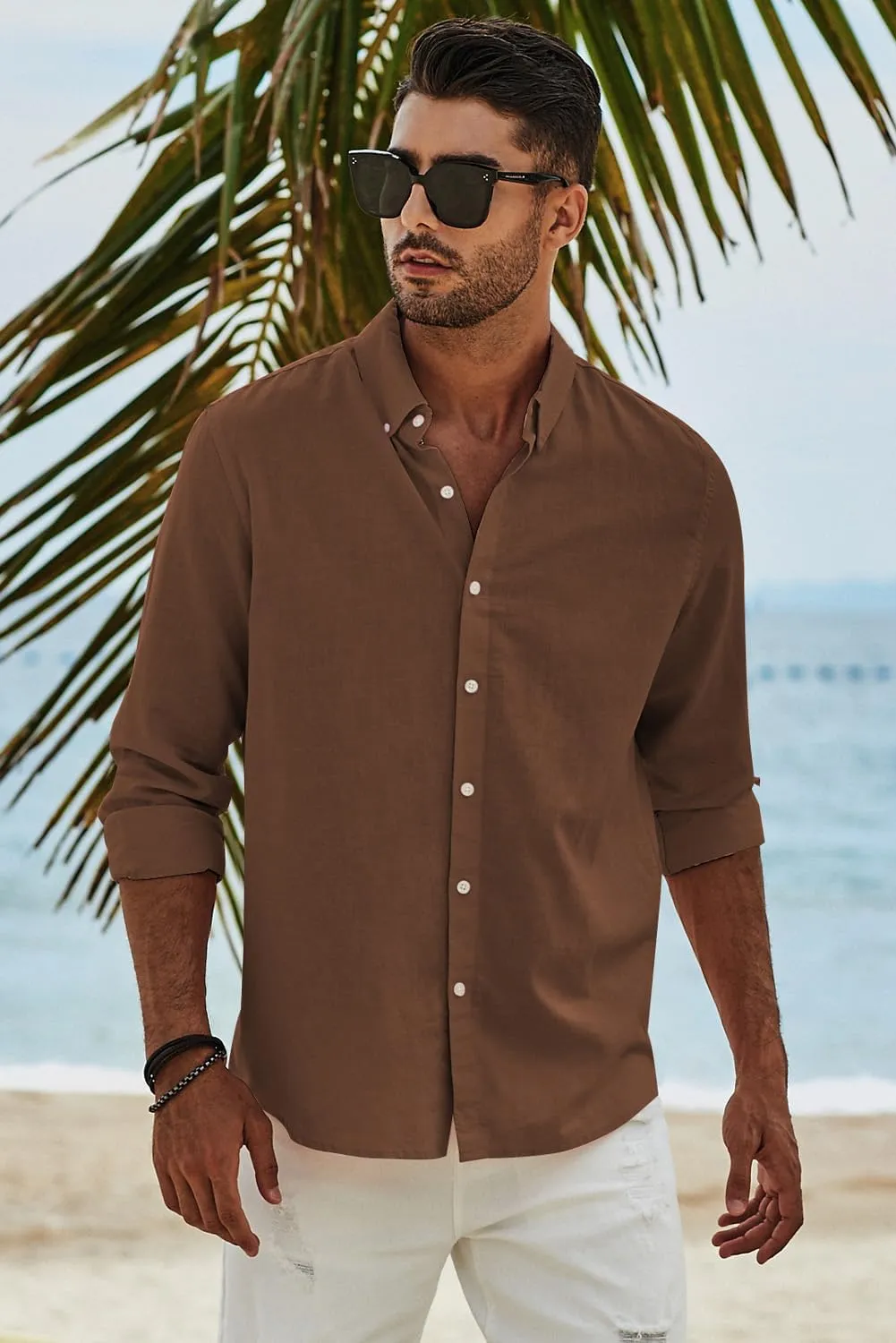 JMIERR Men's Cotton Linen Button Down Shirt Casual Stylish Long Sleeve Business Dress Shirts