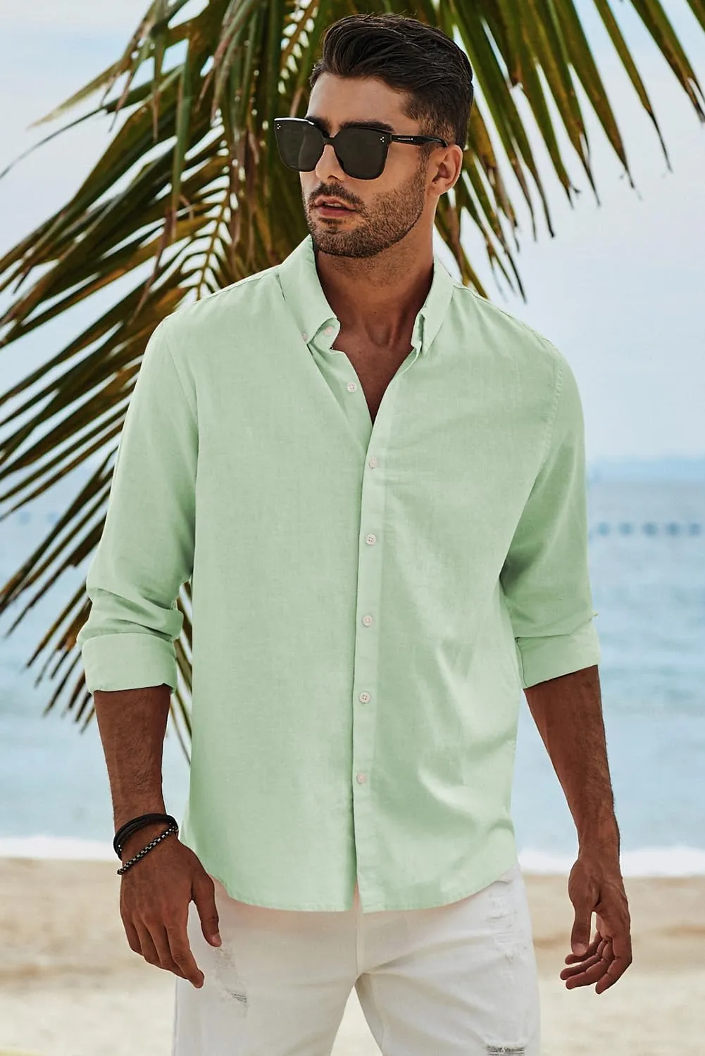 JMIERR Men's Cotton Linen Button Down Shirt Casual Stylish Long Sleeve Business Dress Shirts