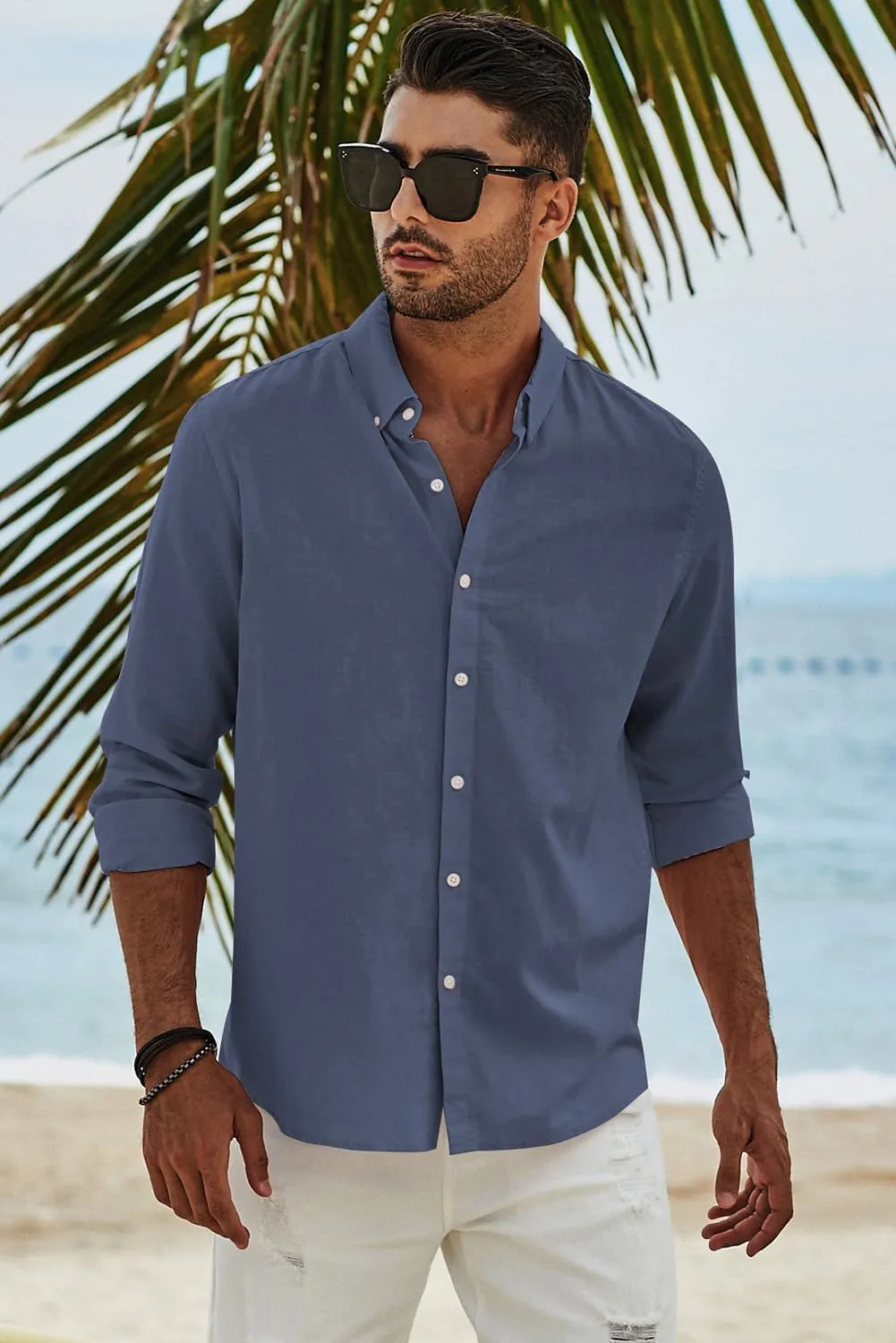 JMIERR Men's Cotton Linen Button Down Shirt Casual Stylish Long Sleeve Business Dress Shirts