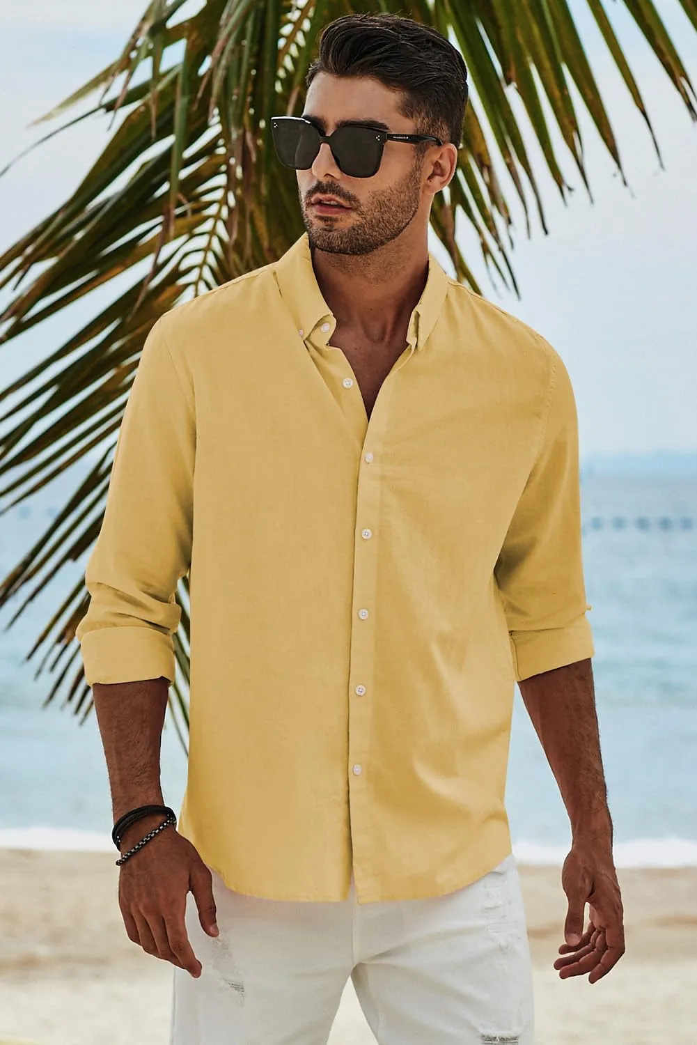 JMIERR Men's Cotton Linen Button Down Shirt Casual Stylish Long Sleeve Business Dress Shirts