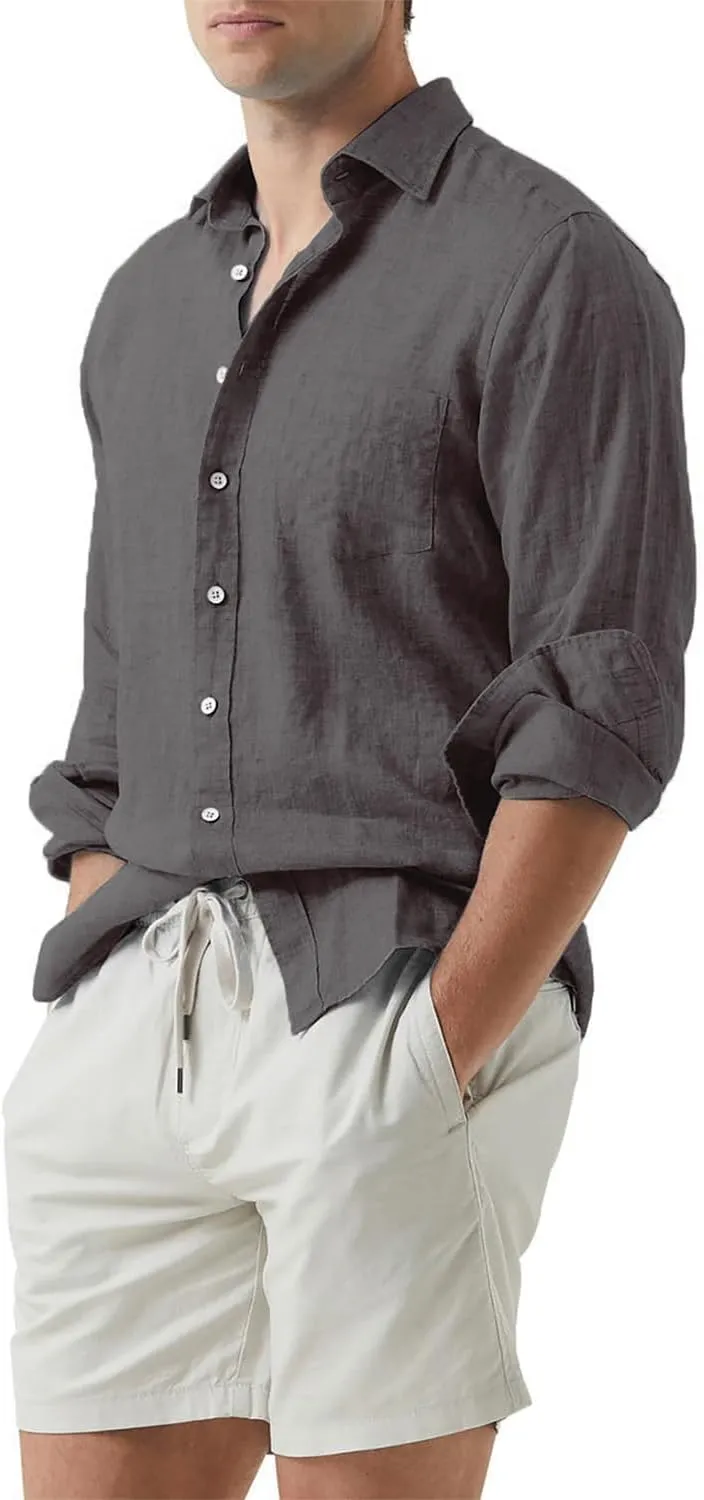 JMIERR Mens Cotton Linen Casual Stylish Button Down Shirt Long Sleeve Dress Shirts