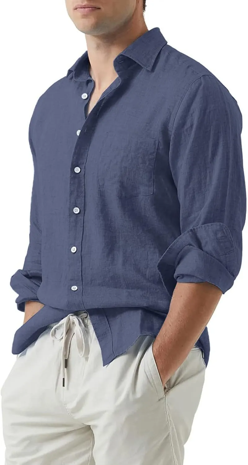 JMIERR Mens Cotton Linen Casual Stylish Button Down Shirt Long Sleeve Dress Shirts