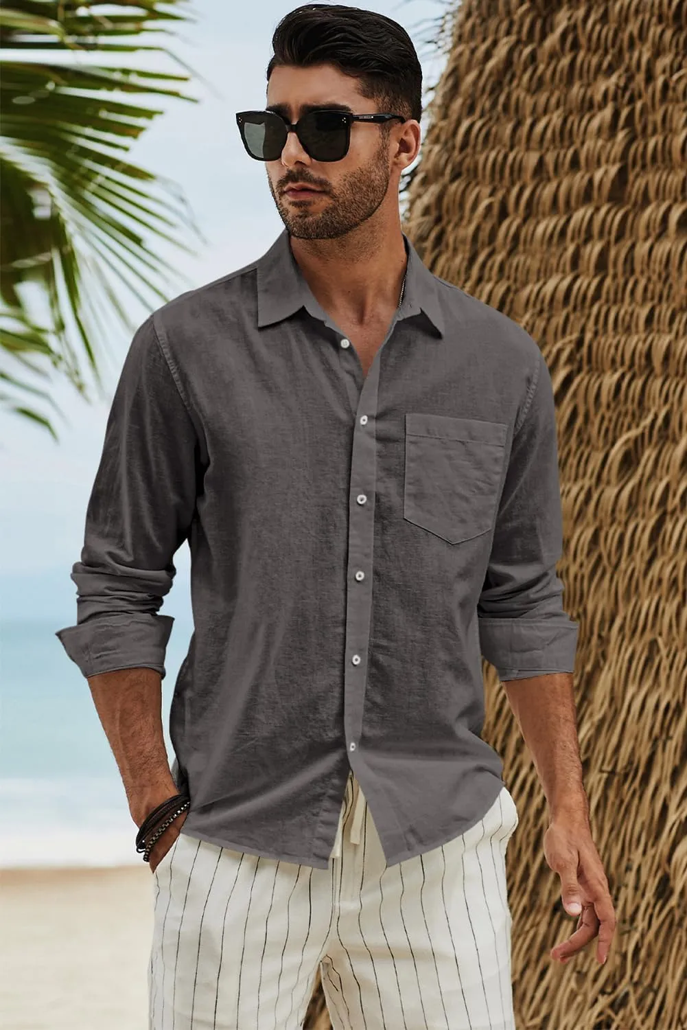 JMIERR Mens Cotton Linen Casual Stylish Button Down Shirt Long Sleeve Dress Shirts
