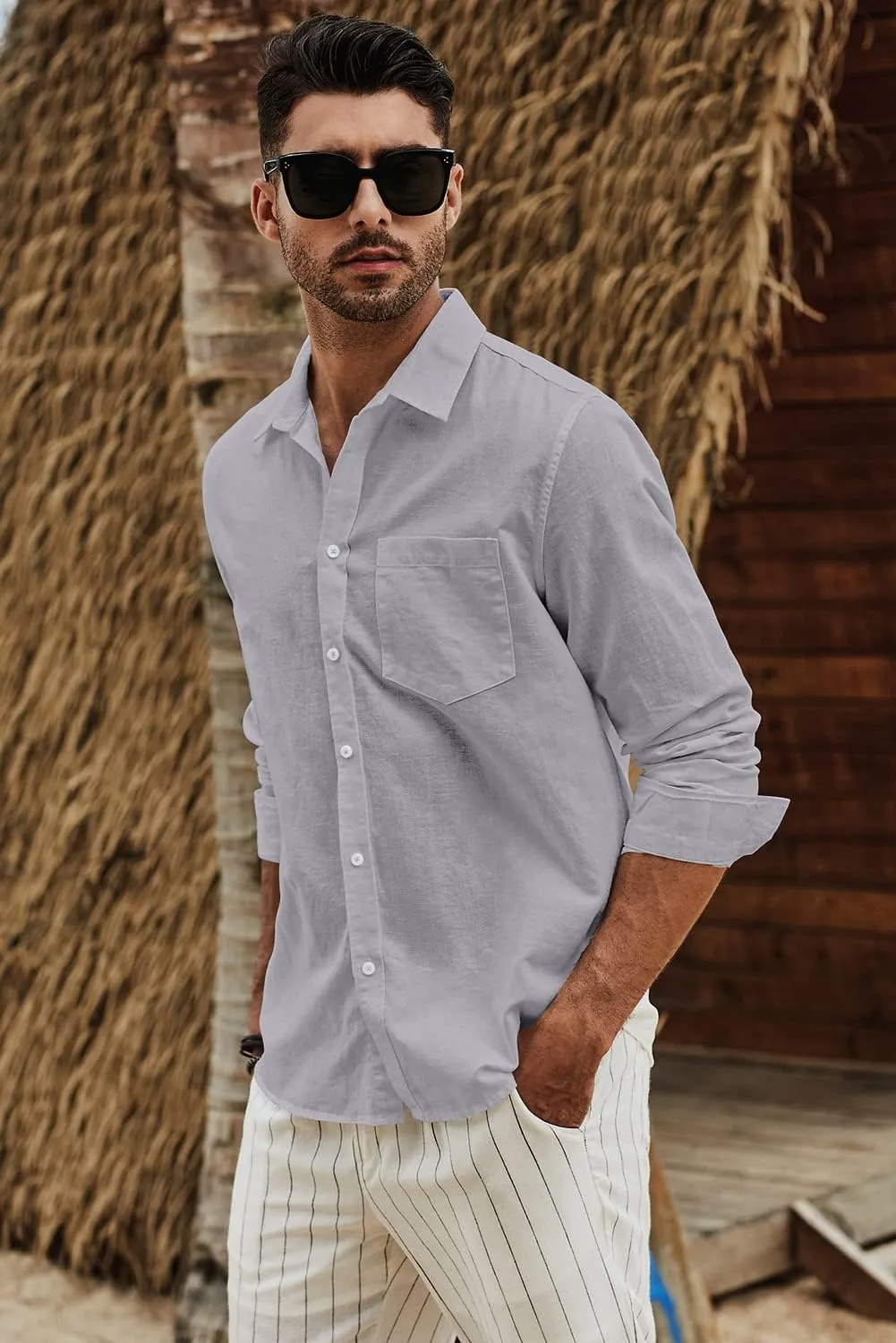 JMIERR Mens Cotton Linen Casual Stylish Button Down Shirt Long Sleeve Dress Shirts