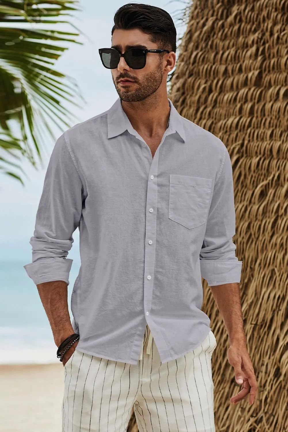 JMIERR Mens Cotton Linen Casual Stylish Button Down Shirt Long Sleeve Dress Shirts