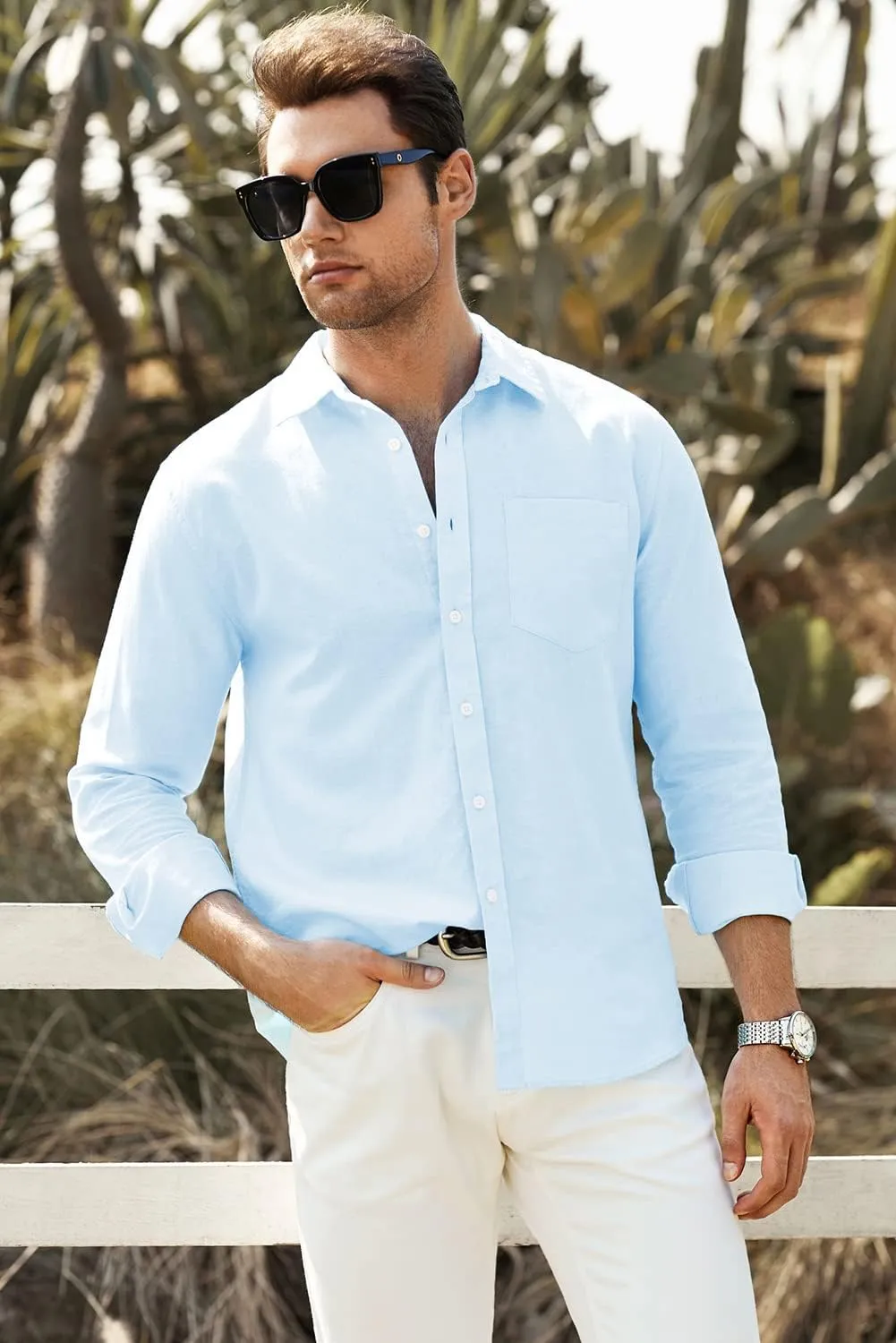 JMIERR Mens Cotton Linen Casual Stylish Button Down Shirt Long Sleeve Dress Shirts