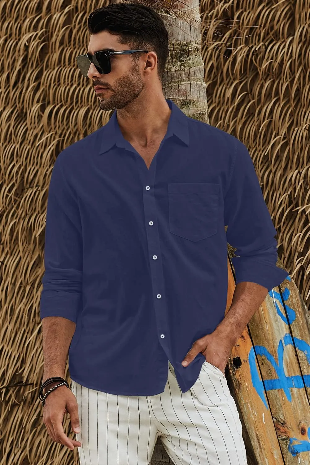 JMIERR Mens Cotton Linen Casual Stylish Button Down Shirt Long Sleeve Dress Shirts